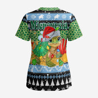 Micronesia Christmas Scrub Top with Santa Turtle Coral Reef and Holiday Ocean Pattern - Polynesian Pride