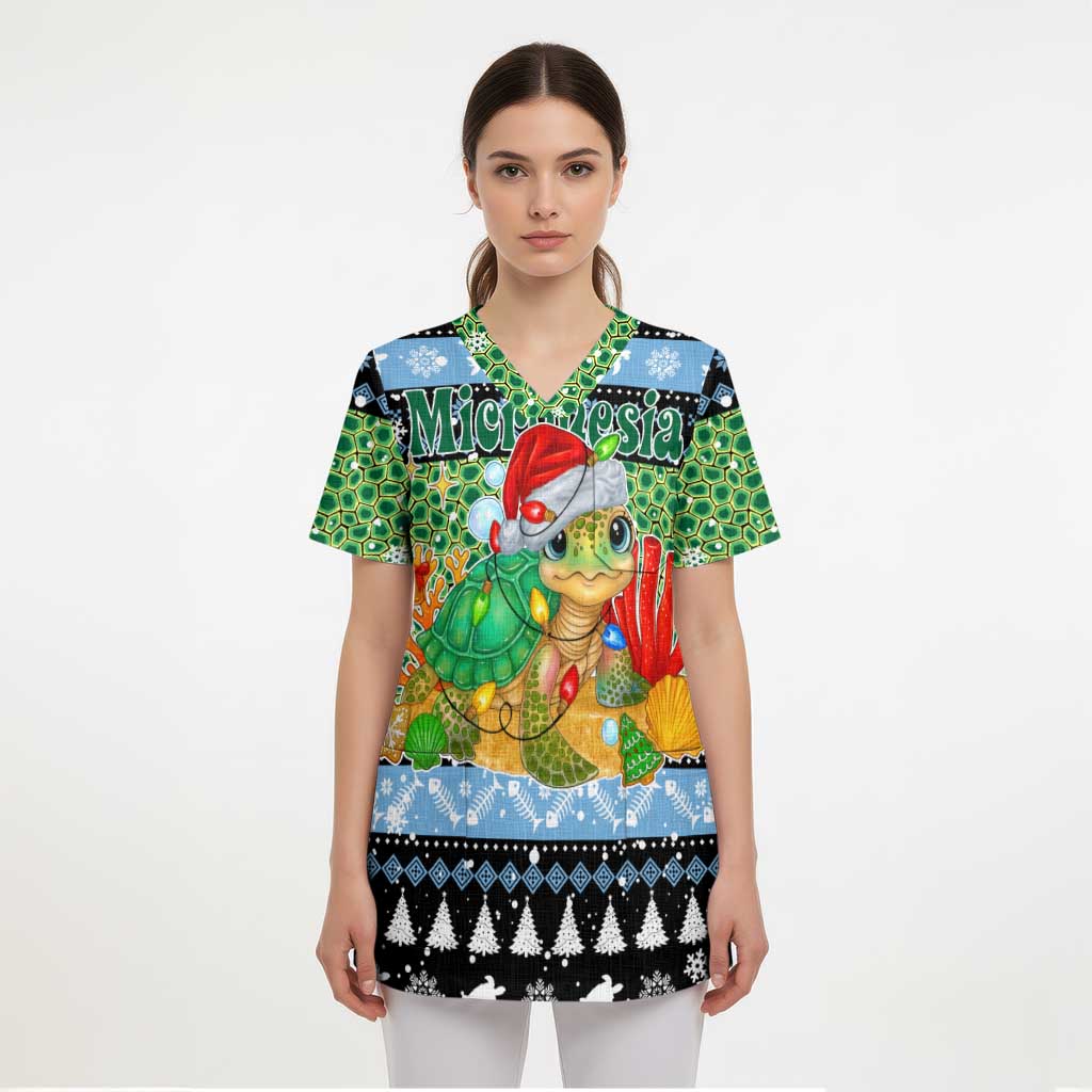Micronesia Christmas Scrub Top with Santa Turtle Coral Reef and Holiday Ocean Pattern - Polynesian Pride