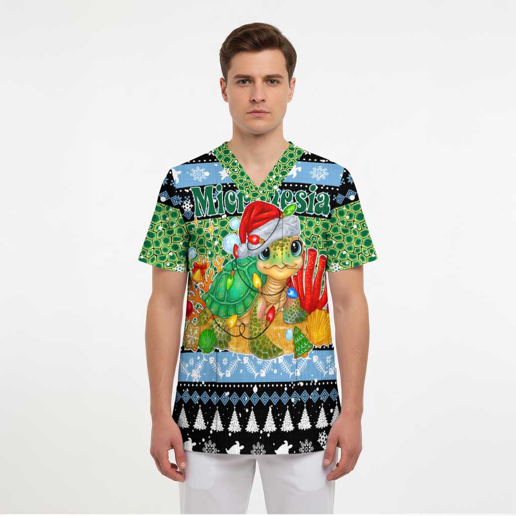 Micronesia Christmas Scrub Top with Santa Turtle Coral Reef and Holiday Ocean Pattern TS04