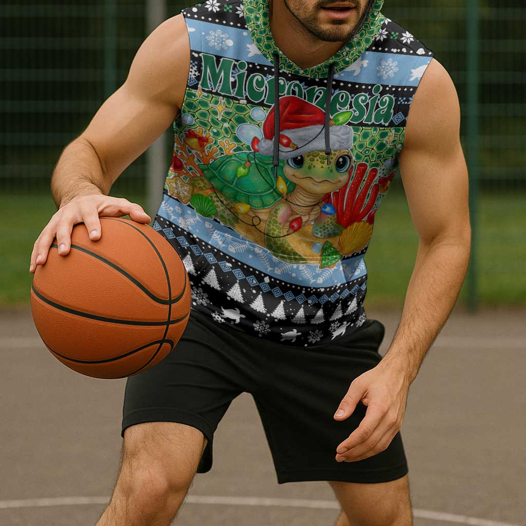 Micronesia Christmas Sleeveless Hoodie with Santa Turtle Coral Reef and Holiday Ocean Pattern - Polynesian Pride