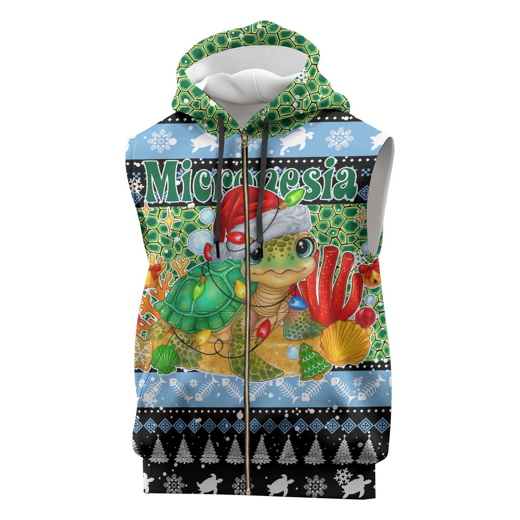 Micronesia Christmas Sleeveless Zip Hoodie with Santa Turtle Coral Reef and Holiday Ocean Pattern - Polynesian Pride