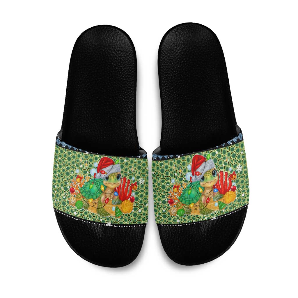 Micronesia Christmas Slide Sandals with Santa Turtle Coral Reef and Holiday Ocean Pattern - Polynesian Pride