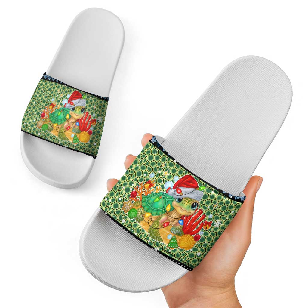 Micronesia Christmas Slide Sandals with Santa Turtle Coral Reef and Holiday Ocean Pattern - Polynesian Pride