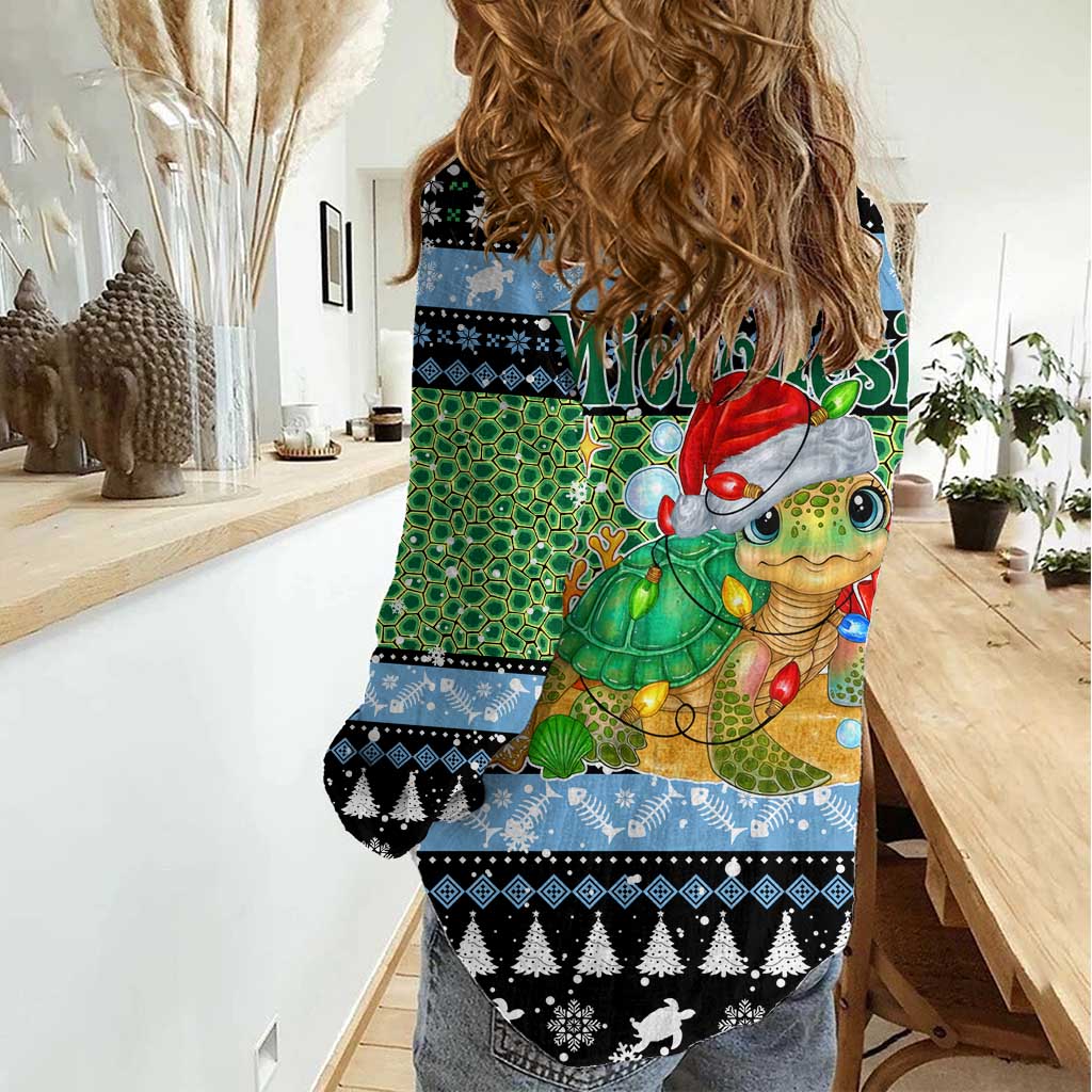 Micronesia Christmas Women Casual Shirt with Santa Turtle Coral Reef and Holiday Ocean Pattern - Polynesian Pride