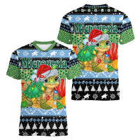 Micronesia Christmas Women V-Neck T-Shirt with Santa Turtle Coral Reef and Holiday Ocean Pattern - Polynesian Pride