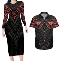 Feminine Polynesian Couples Matching Long Sleeve Bodycon Dress and Hawaiian Shirt Mandala Tattoo Style TS04 Black - Polynesian Pride