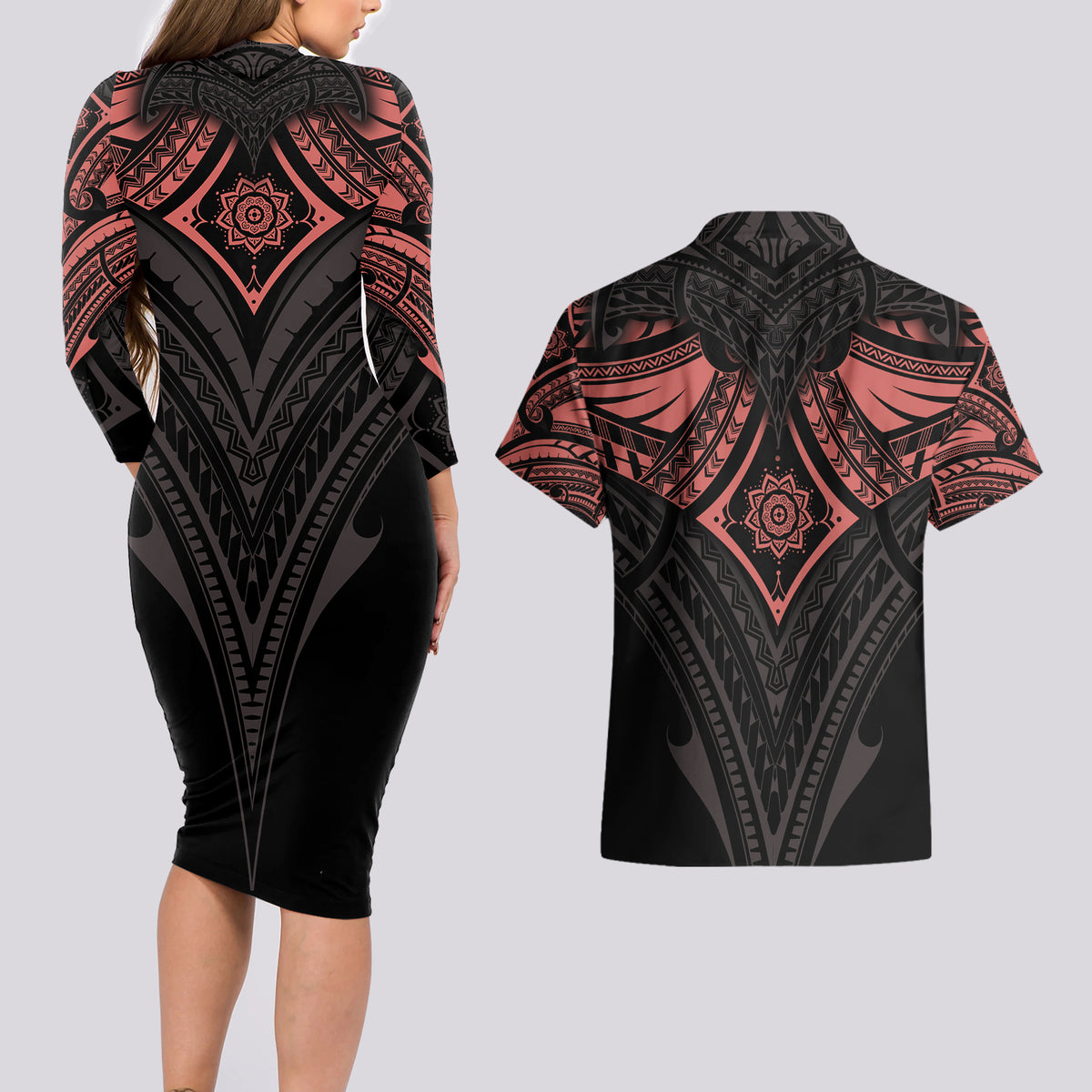 Feminine Polynesian Couples Matching Long Sleeve Bodycon Dress and Hawaiian Shirt Mandala Tattoo Style TS04 - Polynesian Pride
