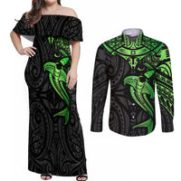 Polynesian Couples Matching Off Shoulder Maxi Dress and Long Sleeve Button Shirts Hammerhead Shark Tribal Pattern Black Green Version TS04 Black/Green - Polynesian Pride