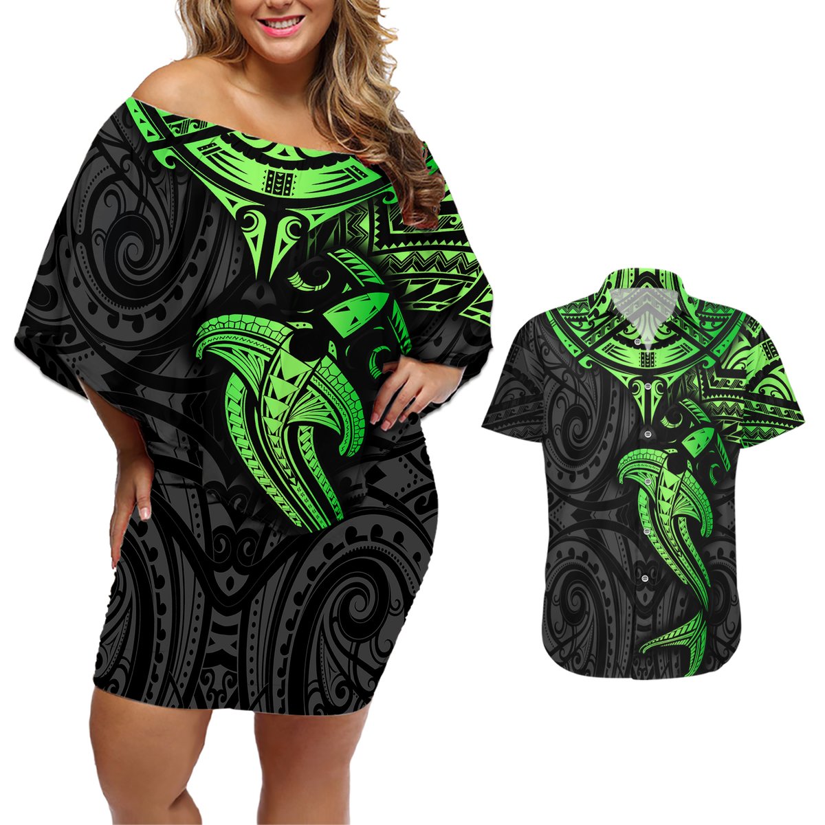 Polynesian Couples Matching Off Shoulder Short Dress and Hawaiian Shirt Hammerhead Shark Tribal Pattern Black Green Version TS04 Black Green - Polynesian Pride