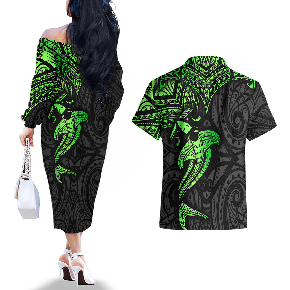 Polynesian Couples Matching Off The Shoulder Long Sleeve Dress and Hawaiian Shirt Hammerhead Shark Tribal Pattern Black Green Version TS04 - Polynesian Pride