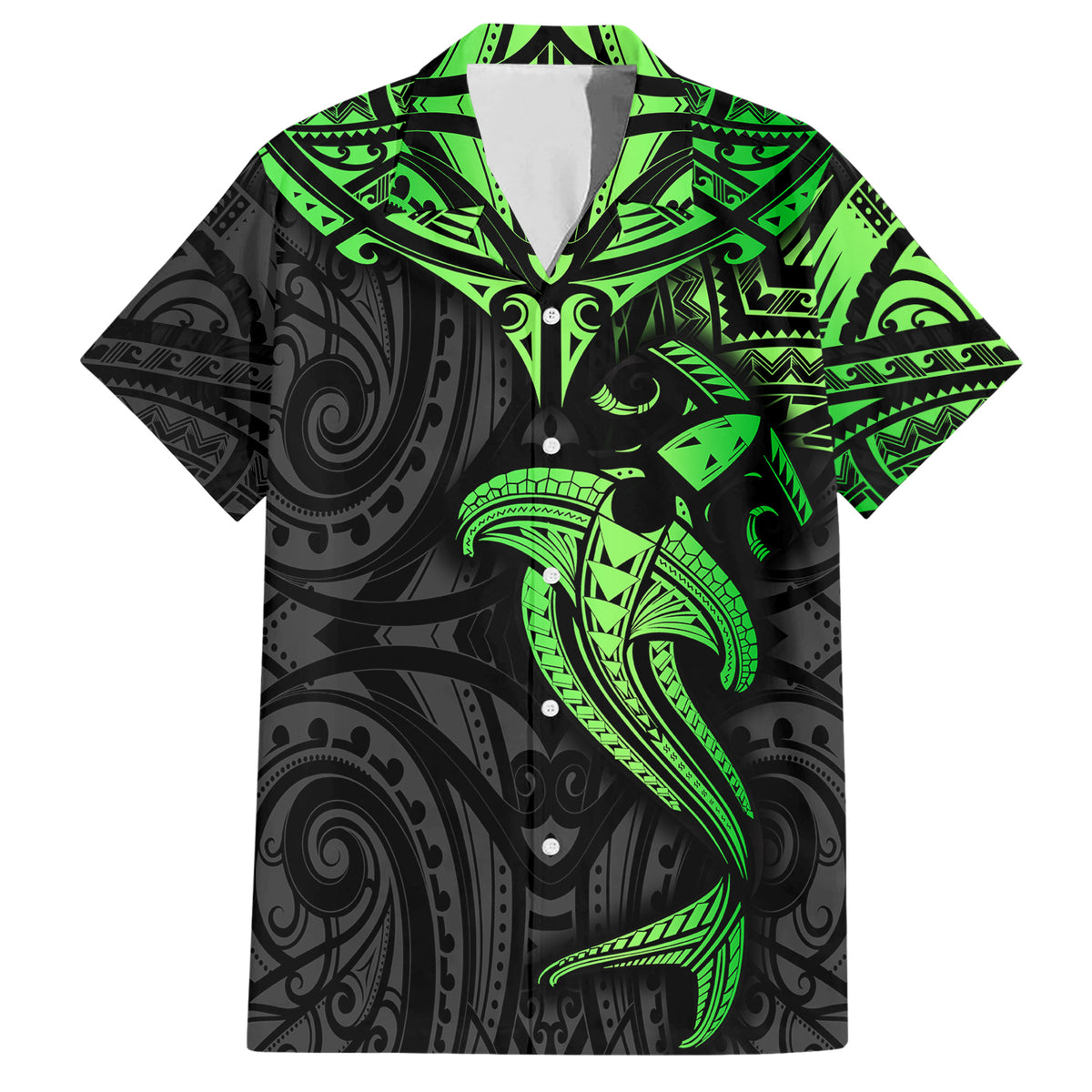 Polynesian Family Matching Short Sleeve Bodycon Dress and Hawaiian Shirt Hammerhead Shark Tribal Pattern Black Green Version TS04 Dad's Shirt - Short Sleeve Black/Green - Polynesian Pride