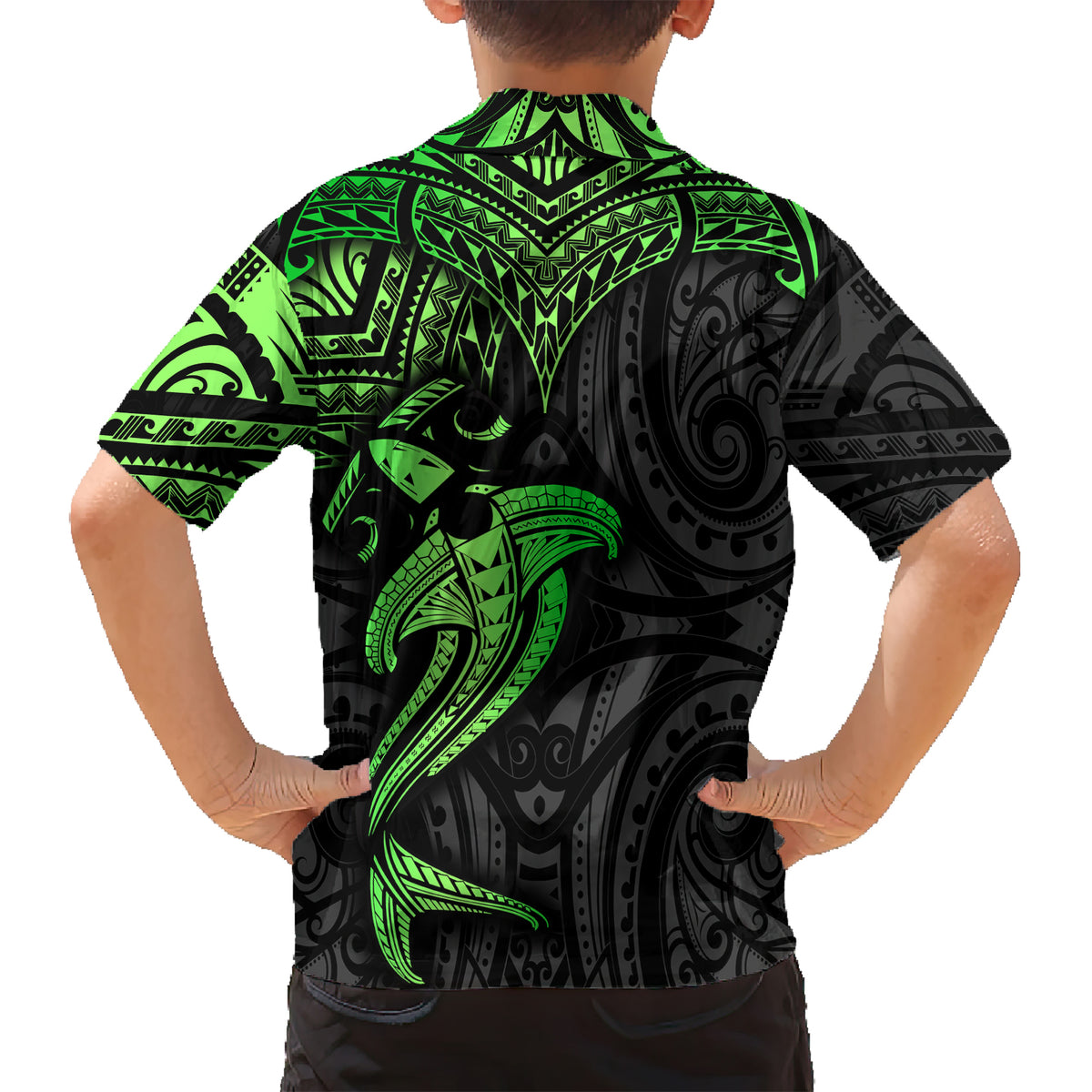 Polynesian Kid Hawaiian Shirt Hammerhead Shark Tribal Pattern Black Green Version TS04 - Polynesian Pride