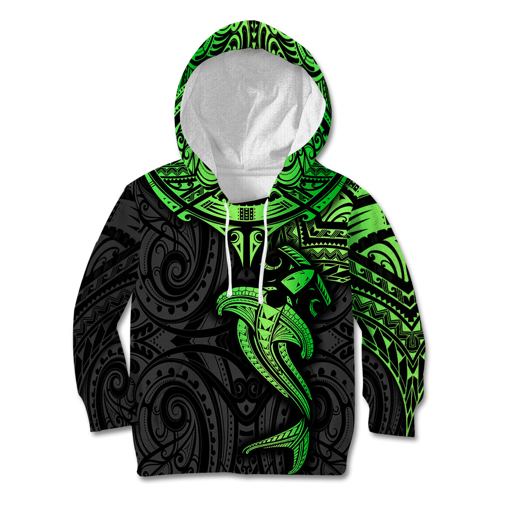 Polynesian Kid Hoodie Hammerhead Shark Tribal Pattern Black Green Version TS04 Hoodie Black Green - Polynesian Pride