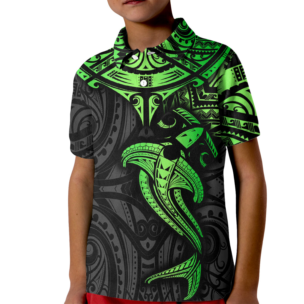 Polynesian Kid Polo Shirt Hammerhead Shark Tribal Pattern Black Green Version TS04 Kid Black/Green - Polynesian Pride