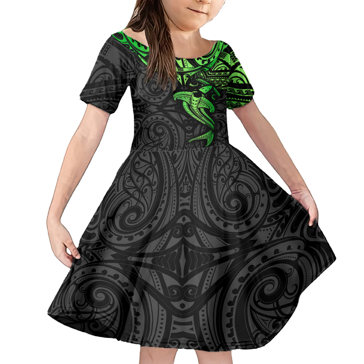 Polynesian Kid Short Sleeve Dress Hammerhead Shark Tribal Pattern Black Green Version TS04 KID Black Green - Polynesian Pride