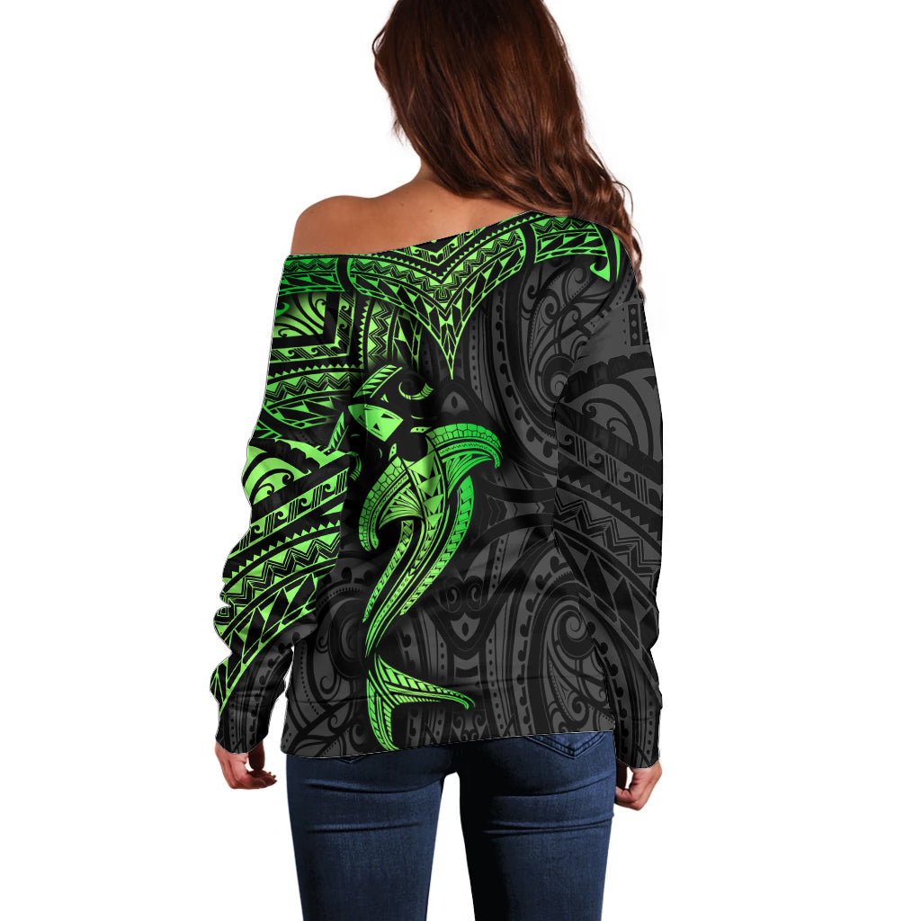 Polynesian Off Shoulder Sweater Hammerhead Shark Tribal Pattern Black Green Version TS04 - Polynesian Pride