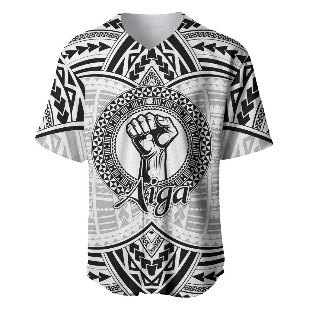 Aiga Samoa Raised Fist Baseball Jersey Polynesian Tribal Tattoo Art Family Pride TS04 White Black - Polynesian Pride