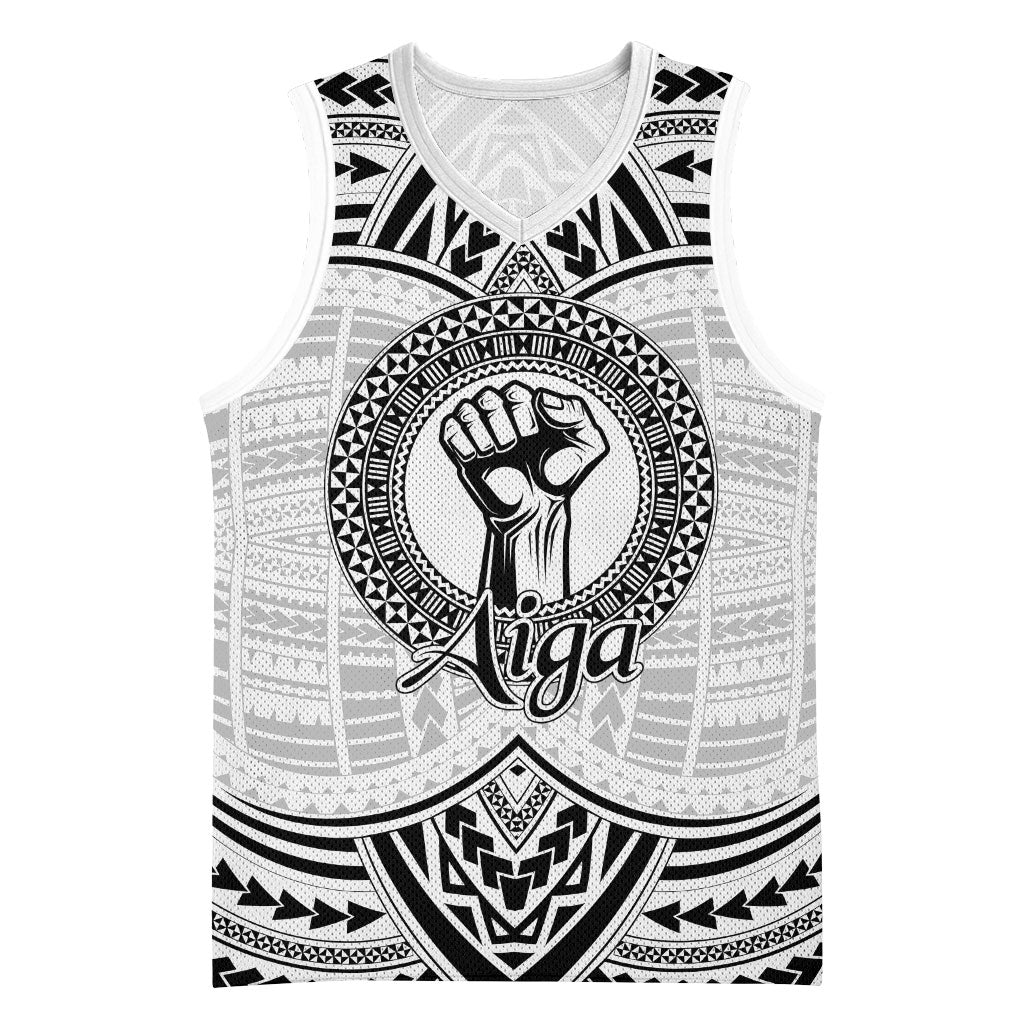 Aiga Samoa Raised Fist Basketball Jersey Polynesian Tribal Tattoo Art Family Pride
