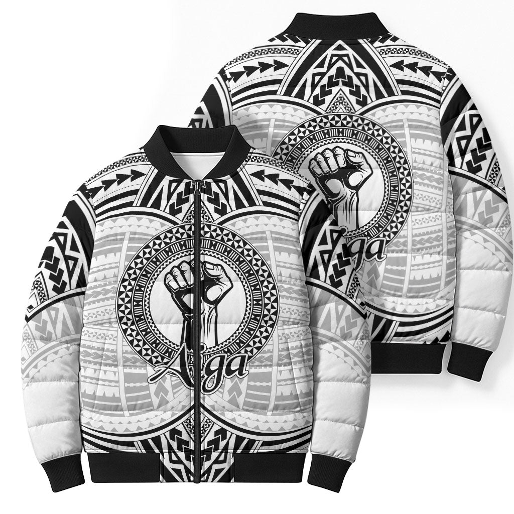 Aiga Samoa Raised Fist Bomber Puffer Jacket Polynesian Tribal Tattoo Art Family Pride