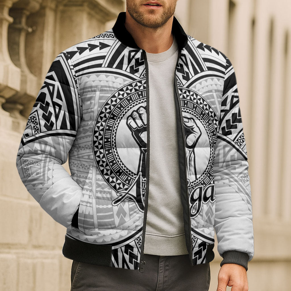 Aiga Samoa Raised Fist Bomber Puffer Jacket Polynesian Tribal Tattoo Art Family Pride