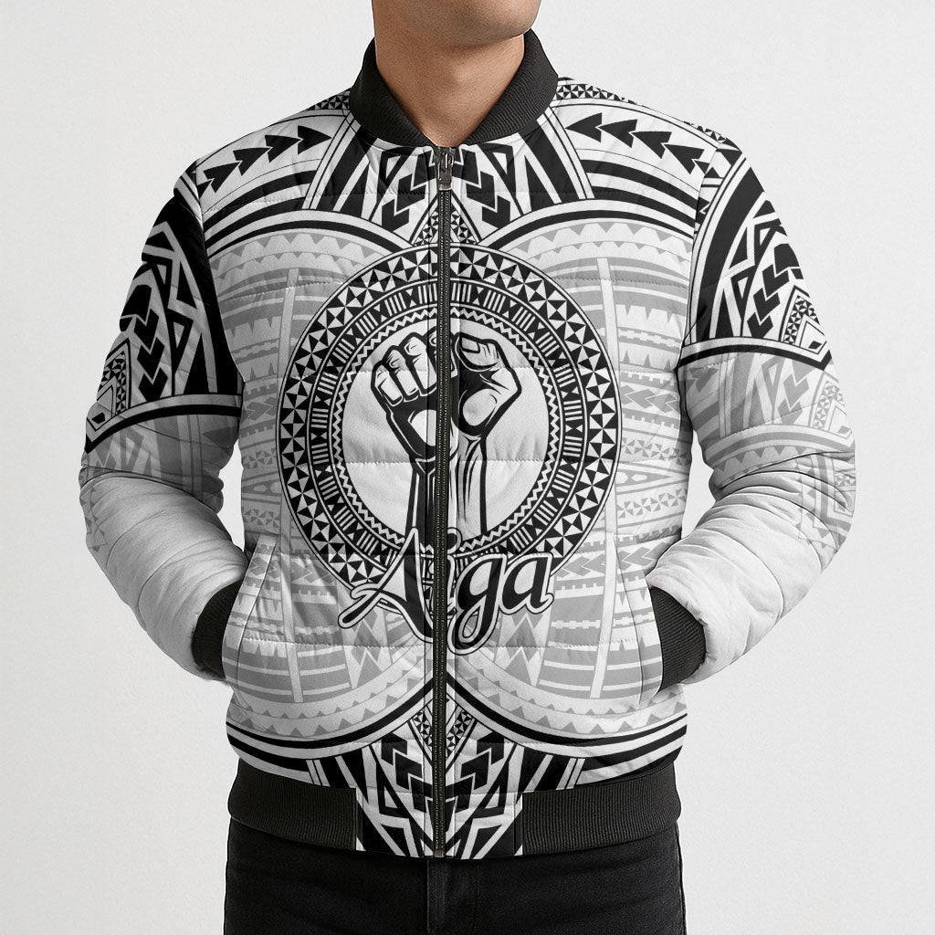 Aiga Samoa Raised Fist Bomber Puffer Jacket Polynesian Tribal Tattoo Art Family Pride