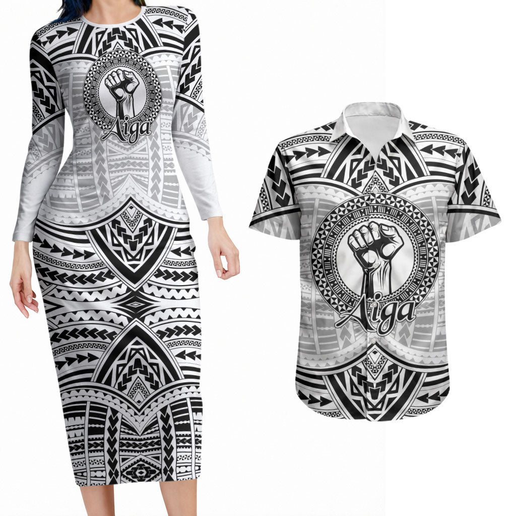 Aiga Samoa Raised Fist Couples Matching Long Sleeve Bodycon Dress and Hawaiian Shirt Polynesian Tribal Tattoo Art Family Pride