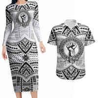 Aiga Samoa Raised Fist Couples Matching Long Sleeve Bodycon Dress and Hawaiian Shirt Polynesian Tribal Tattoo Art Family Pride