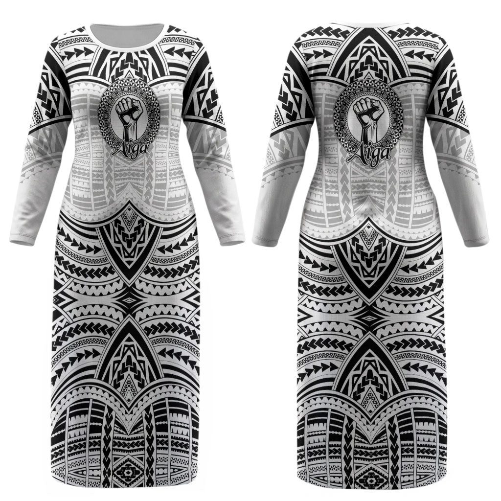 Aiga Samoa Raised Fist Couples Matching Long Sleeve Bodycon Dress and Hawaiian Shirt Polynesian Tribal Tattoo Art Family Pride