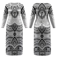 Aiga Samoa Raised Fist Couples Matching Long Sleeve Bodycon Dress and Hawaiian Shirt Polynesian Tribal Tattoo Art Family Pride
