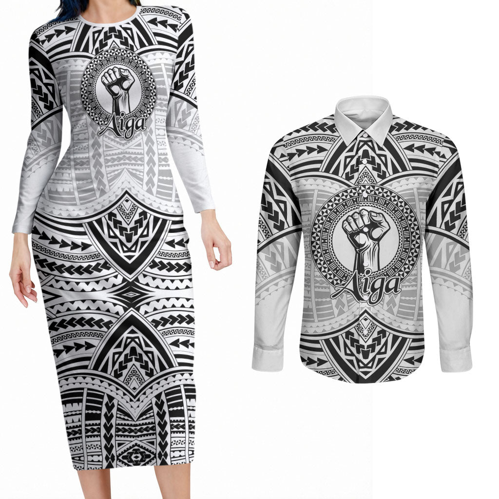 Aiga Samoa Raised Fist Couples Matching Long Sleeve Bodycon Dress and Long Sleeve Button Shirt Polynesian Tribal Tattoo Art Family Pride TS04 White Black - Polynesian Pride