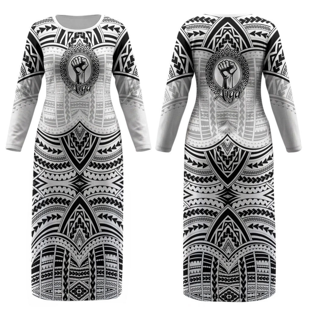 Aiga Samoa Raised Fist Couples Matching Long Sleeve Bodycon Dress and Long Sleeve Button Shirt Polynesian Tribal Tattoo Art Family Pride