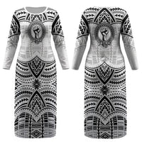 Aiga Samoa Raised Fist Couples Matching Long Sleeve Bodycon Dress and Long Sleeve Button Shirt Polynesian Tribal Tattoo Art Family Pride