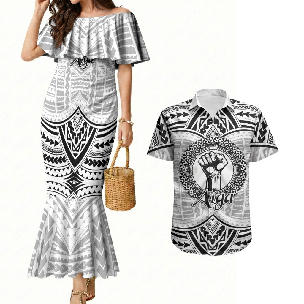 Aiga Samoa Raised Fist Couples Matching Mermaid Dress and Hawaiian Shirt Polynesian Tribal Tattoo Art Family Pride