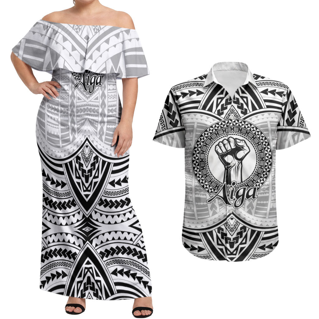 Aiga Samoa Raised Fist Couples Matching Off Shoulder Maxi Dress and Hawaiian Shirt Polynesian Tribal Tattoo Art Family Pride