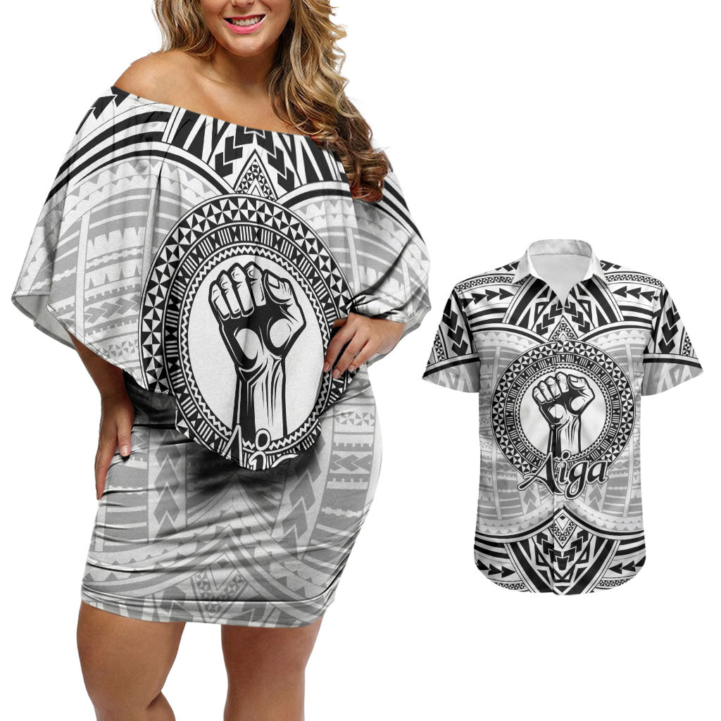 Aiga Samoa Raised Fist Couples Matching Off Shoulder Short Dress and Hawaiian Shirt Polynesian Tribal Tattoo Art Family Pride
