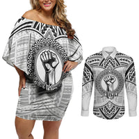 Aiga Samoa Raised Fist Couples Matching Off Shoulder Short Dress and Long Sleeve Button Shirt Polynesian Tribal Tattoo Art Family Pride