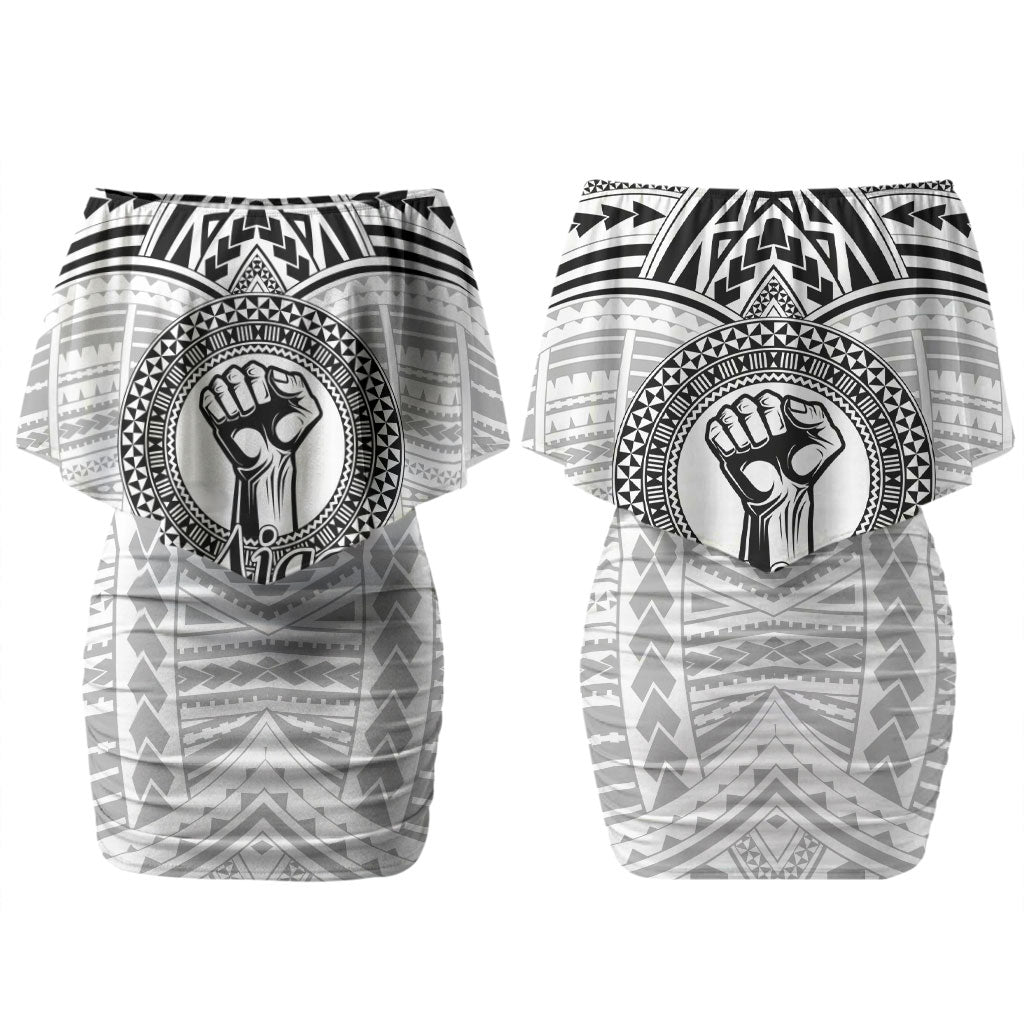 Aiga Samoa Raised Fist Couples Matching Off Shoulder Short Dress and Long Sleeve Button Shirt Polynesian Tribal Tattoo Art Family Pride