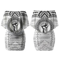 Aiga Samoa Raised Fist Couples Matching Off Shoulder Short Dress and Long Sleeve Button Shirt Polynesian Tribal Tattoo Art Family Pride