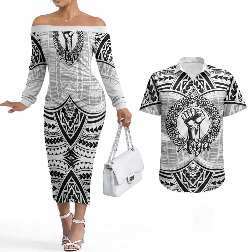 Aiga Samoa Raised Fist Couples Matching Off The Shoulder Long Sleeve Dress and Hawaiian Shirt Polynesian Tribal Tattoo Art Family Pride