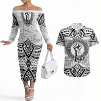 Aiga Samoa Raised Fist Couples Matching Off The Shoulder Long Sleeve Dress and Hawaiian Shirt Polynesian Tribal Tattoo Art Family Pride