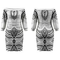 Aiga Samoa Raised Fist Couples Matching Off The Shoulder Long Sleeve Dress and Hawaiian Shirt Polynesian Tribal Tattoo Art Family Pride
