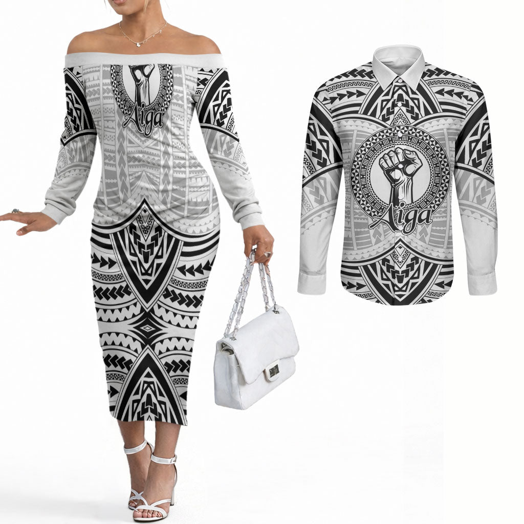 Aiga Samoa Raised Fist Couples Matching Off The Shoulder Long Sleeve Dress and Long Sleeve Button Shirt Polynesian Tribal Tattoo Art Family Pride