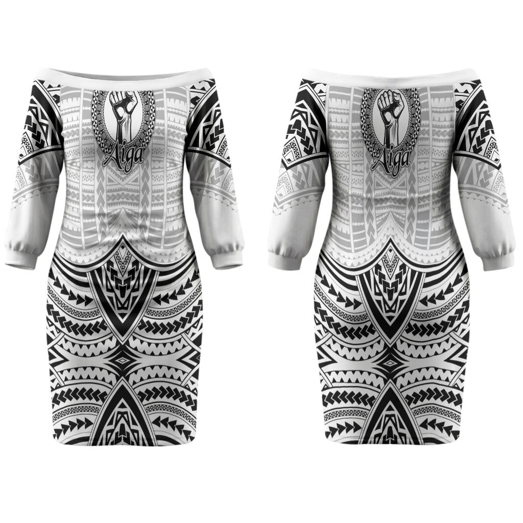 Aiga Samoa Raised Fist Couples Matching Off The Shoulder Long Sleeve Dress and Long Sleeve Button Shirt Polynesian Tribal Tattoo Art Family Pride