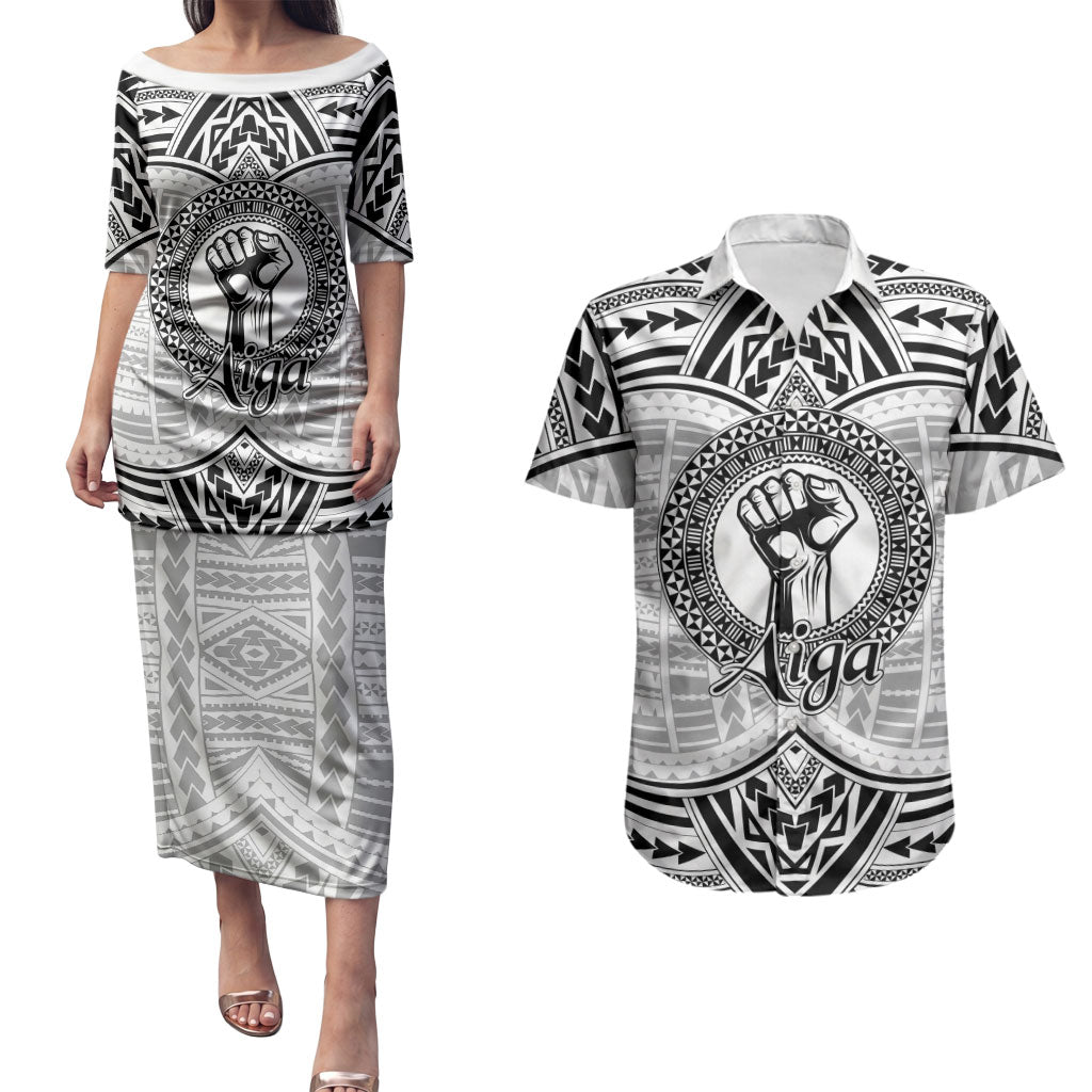 Aiga Samoa Raised Fist Couples Matching Puletasi and Hawaiian Shirt Polynesian Tribal Tattoo Art Family Pride