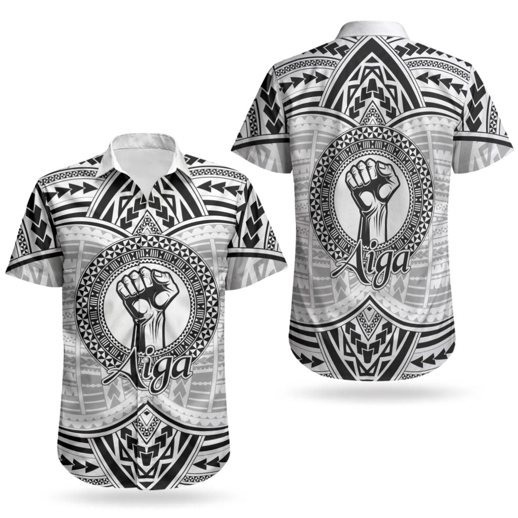 Aiga Samoa Raised Fist Couples Matching Puletasi and Hawaiian Shirt Polynesian Tribal Tattoo Art Family Pride