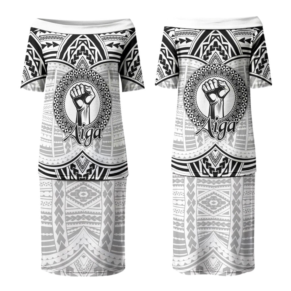 Aiga Samoa Raised Fist Couples Matching Puletasi and Hawaiian Shirt Polynesian Tribal Tattoo Art Family Pride