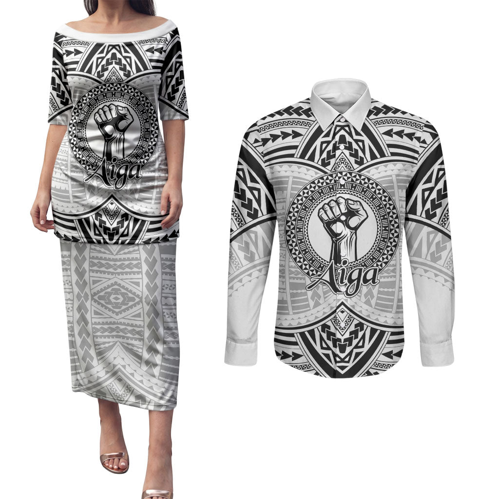 Aiga Samoa Raised Fist Couples Matching Puletasi and Long Sleeve Button Shirt Polynesian Tribal Tattoo Art Family Pride