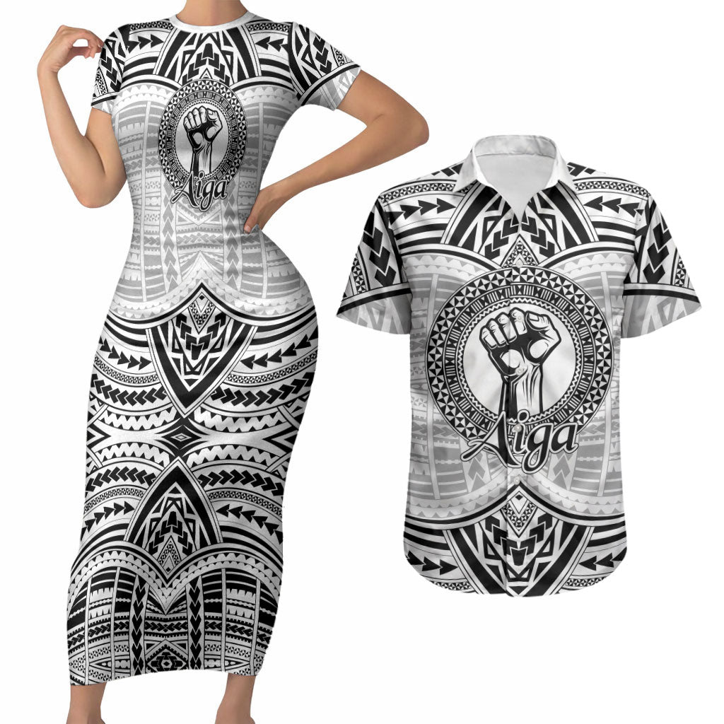 Aiga Samoa Raised Fist Couples Matching Short Sleeve Bodycon Dress and Hawaiian Shirt Polynesian Tribal Tattoo Art Family Pride