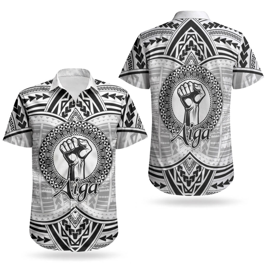 Aiga Samoa Raised Fist Couples Matching Short Sleeve Bodycon Dress and Hawaiian Shirt Polynesian Tribal Tattoo Art Family Pride