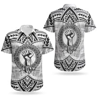 Aiga Samoa Raised Fist Couples Matching Short Sleeve Bodycon Dress and Hawaiian Shirt Polynesian Tribal Tattoo Art Family Pride